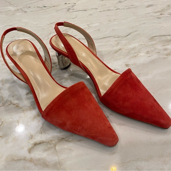 Rejina Pyo Slingback Connie Pumps Red Suede Metallic Silver 2" Heels - Picture 1 of 7
